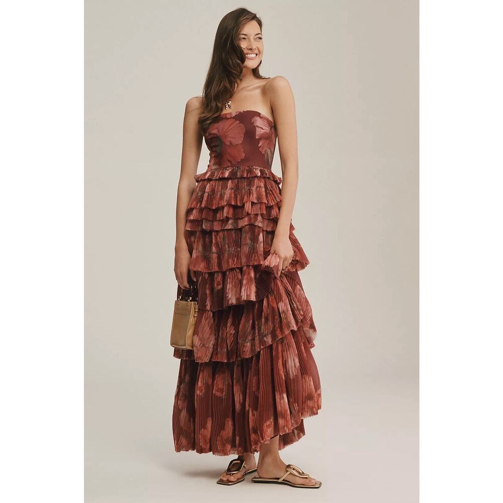Hutch Strapless Floral Tiered Tulle‎ Maxi Dress Nalina Wine Size 10 Runs Big